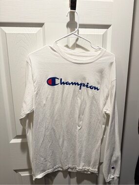 Champion White Long Sleeve Tee with Blue & Red Logo
